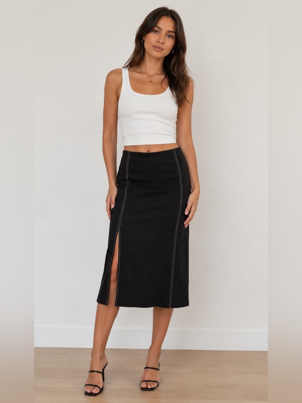 NIC+ZOE Black Midi Skirt with White Contrast Stitching with Slit SZ M